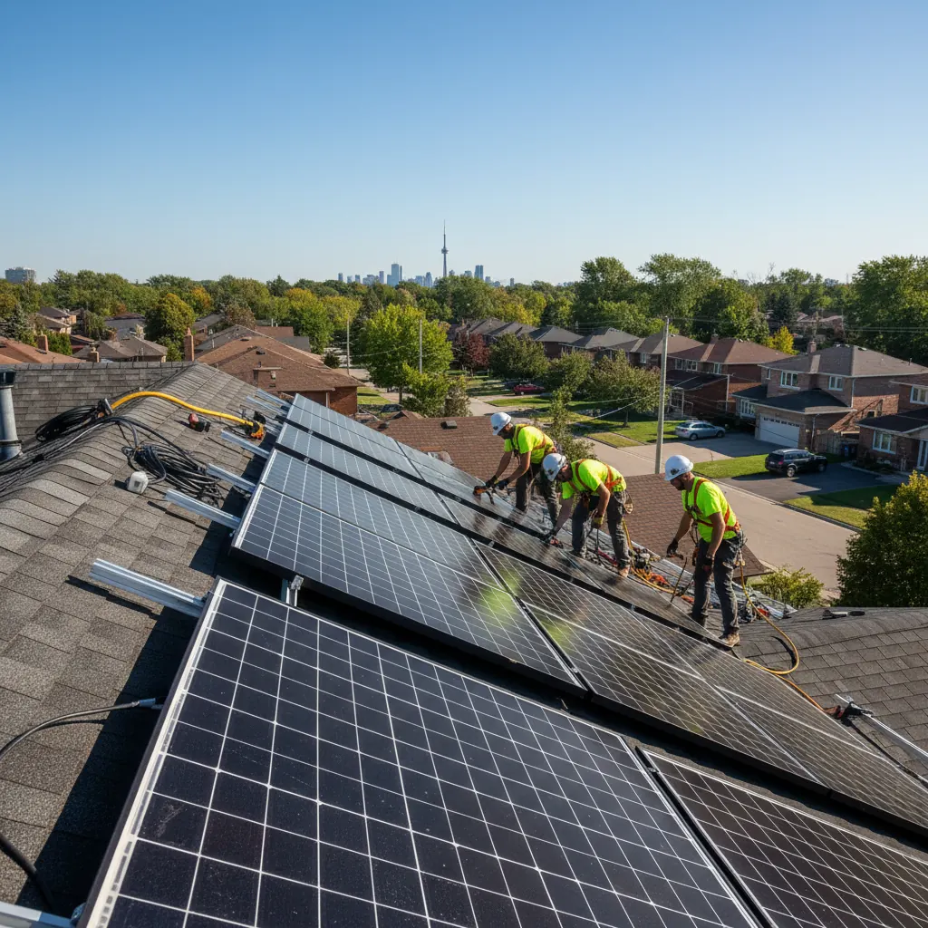 Crew installing a rooftop solar array over an Ontario neighbourhood