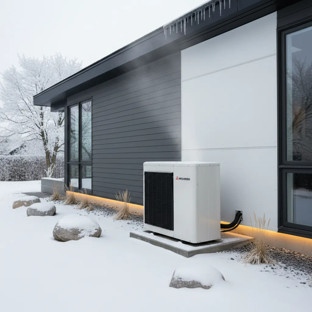 Cold-climate heat pump running beside a home in the snow