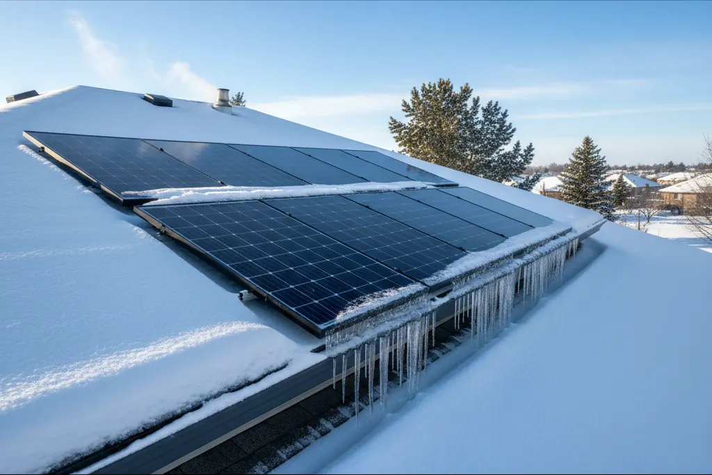 Snow-covered roof with solar panels in an Ontario winter
