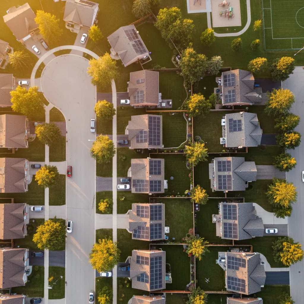 Aerial view of a solar-powered Ontario subdivision