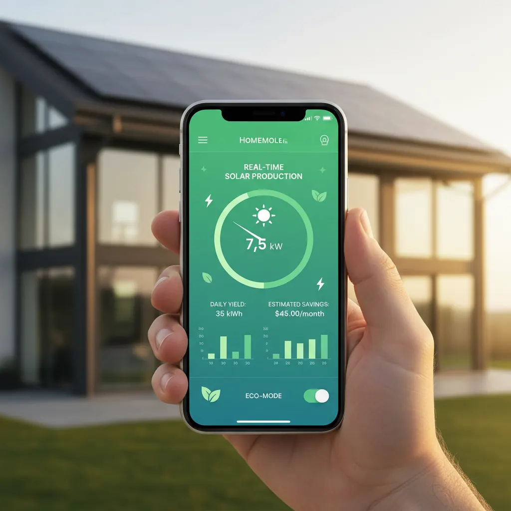 Homeowner checking a home energy app on a smartphone in front of a solar-powered house