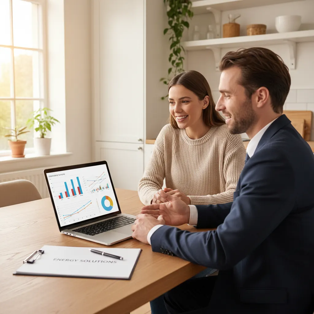 Couple reviewing their solar and heat pump quote with an advisor on a laptop