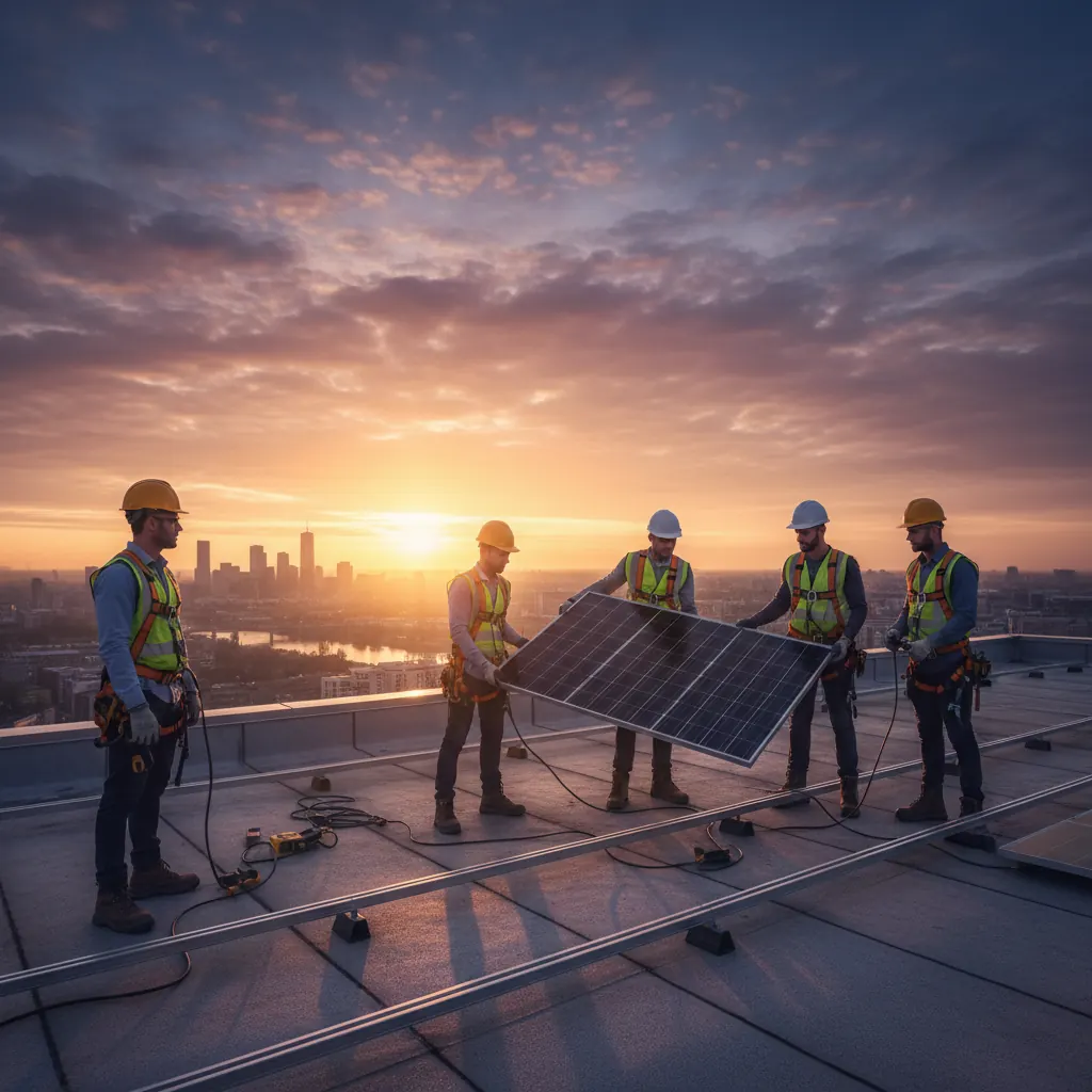 Installation crew carrying solar panels across a rooftop at sunset